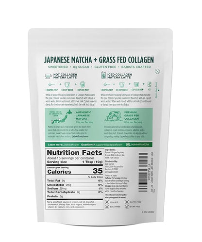Jade Leaf Matcha Café Style Sugar Free Matcha Latte Green Tea Powder with Grass Fed Collagen, Monkfruit Sweetened, Premium Barista Crafted Mix, Authentically Japanese, 15 Servings (5.3 Ounces)