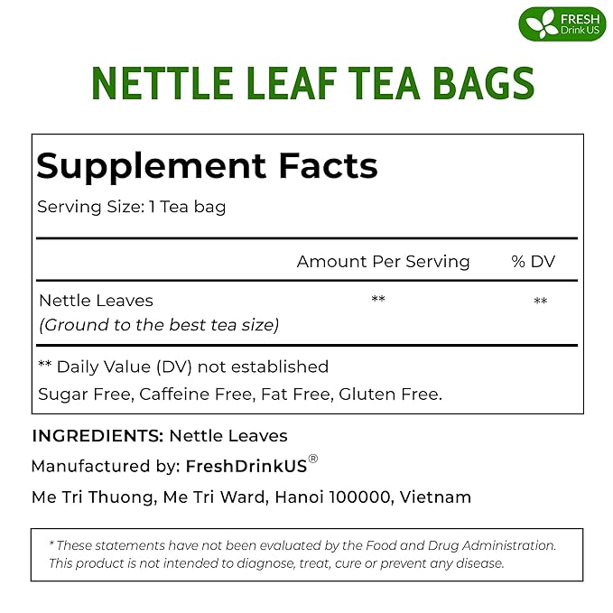 FreshDrinkUS, Premium 135 Nettle Leaf Tea Bags, 100% Natural & Pure, Stinging Nettle Leaf Tea, Burn Nettle, Stinging Nettle, Stinger Tea, No Sugar/Caffeine/Gluten, Vegan