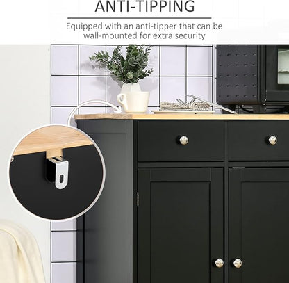 HOMCOM Sideboard with Solid Wood Countertop, Modern Kitchen Storage Cabinet, Coffee Bar Cabinet with 3 Drawers, Doors and Adjustable Shelf, Black