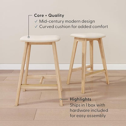 Plank+Beam Beryl Counter Height Stool - Mid-Century Modern Rubberwood Bar Stool with Faux Leather Seat, Metal Footrest, Easy Assembly, 2-Pack, Blonde/Sesame