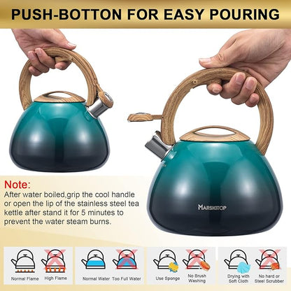 MARSKITOP Whistling Tea Kettle for Stove Top 2.6 Quart, Food Grade Stainless Steel Teapot for Stovetop with Cool Touch Ergonomic Handle, Tea Pot for Stove Induction Cooktop, Green