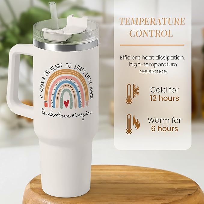 SANDJEST Teacher Appreciation Gifts - It Takes a Big Heart 40oz Stainless Steel Tumbler with Handle - Thank You Gift for Teacher's Day & Graduation