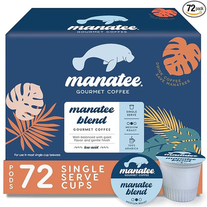 Manatee Gourmet Coffee, Single Serve Pods for Keurig K-Cup Brewers, Medium Roast, Manatee Blend, 72 Count