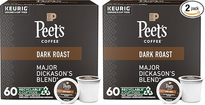 Peet's Coffee, Dark Roast K-Cup Pods for Keurig Brewers - Major Dickason's Blend 60 Count (6 Boxes of 10 K-Cup Pods) (Pack of 2)