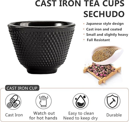 Japanese Cast Iron Tea Cups, Small and Heavy Teacups with no Handles, Japanese Style Cup for Adults, Asian Teacups, Coated with Enameled Interior, 4 Pcs/Box (Black, 2oz/60ml)