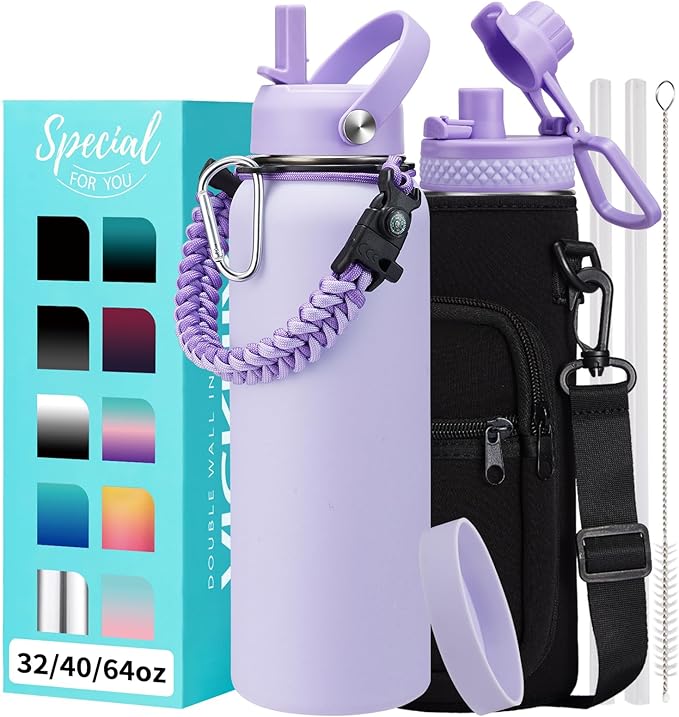 Stainless Steel 40 oz Water Bottle, Lilac Purple | with Straw Spout Lids, Cold 48H, Hot 24H, Insulated Water Bottle,Carrying Sleeve with Strap