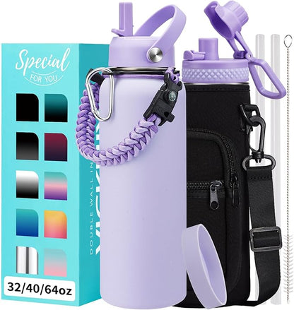 Stainless Steel 40 oz Water Bottle, Lilac Purple | with Straw Spout Lids, Cold 48H, Hot 24H, Insulated Water Bottle,Carrying Sleeve with Strap