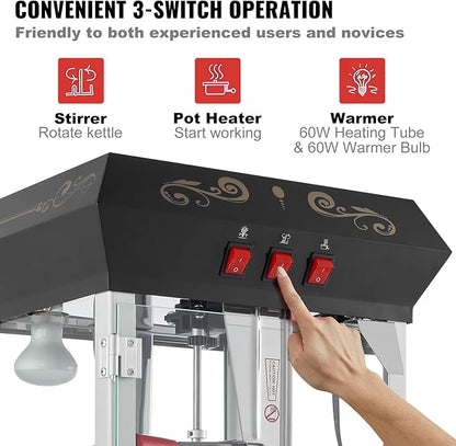 VEVOR Popcorn Maker with Cart, 850W Popcorn Popper Machine, 8 Oz Kettle Makes 48 Cups per Batch, Popcorn Maker Equipped with Tempered Glass, Includes 4 Scoops, Movie Theater Style, Black