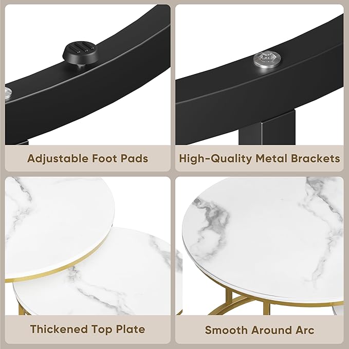 Smuxee White Nesting Coffee Table Set of 2, 27.6" Round Coffee Table Wooden Marble Pattern with Adjustable Non-Slip Feet, Industrial End Table for Living Room Bedroom Balcony