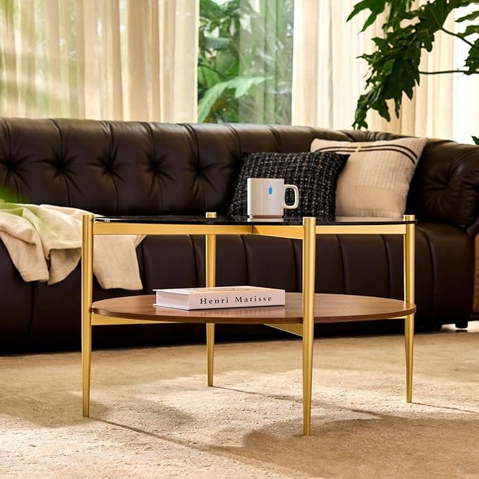 AGV LIGHTING Round Glass Coffee Table, Mid-Century Modern Coffee Table for Living Room, Glod Coffee Table, Amber Glass Top & Walnut Wood Shelf