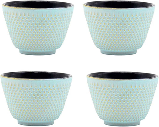 Japanese Cast Iron Tea Cups, Small and Heavy Teacups with no Handles, Japanese Style Cups for Adults, Asian Teacups, Coated with Enameled Interior, 4 Pcs/Box (Lightblue, 3.38oz/100ml)
