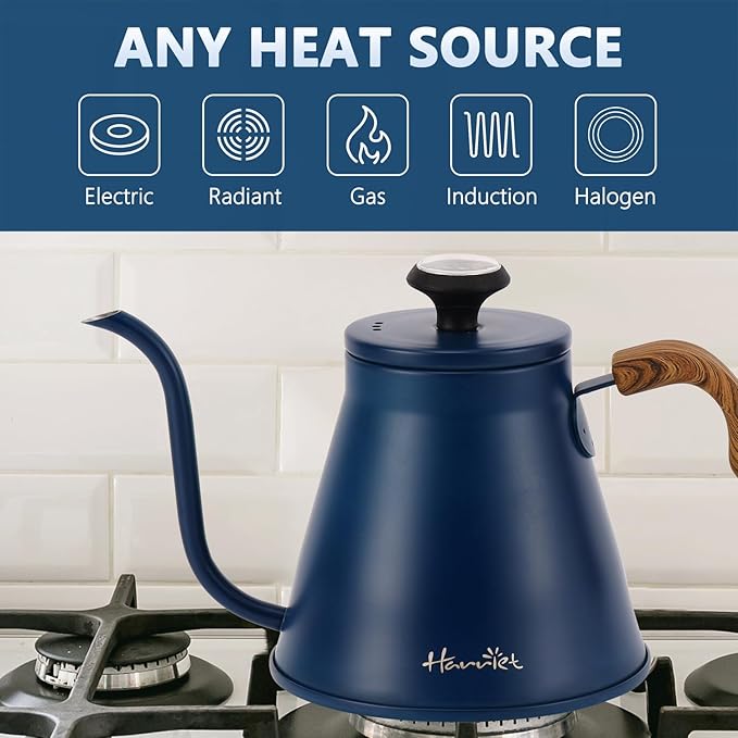 Harriet Gooseneck Kettle with Thermometer for Pour Over Coffee and Tea, 37 fl oz, Stainless Steel, Durable 3-Layer Base, Ideal Spout for Precision Pouring, Compatible with all Stove Tops, Blue