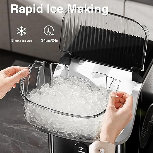 Nugget Countertop Ice Maker with Soft Chewable Pellet Ice, Automatic Cleaning, 34Lbs/24H, Pebble Ice Machine with Ice Scoop, Sonice Ice, One Click Operation for Office/Home/Bar (Stainless Steel Black)