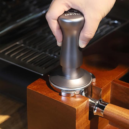 MEION Espresso Tamper 58.5mm Coffee Tamper, Calibrated Dual Spring Loaded Barista Tamper with Stainless Steel Base, Comes with aluminum storage pad (58.5MM, Silver)
