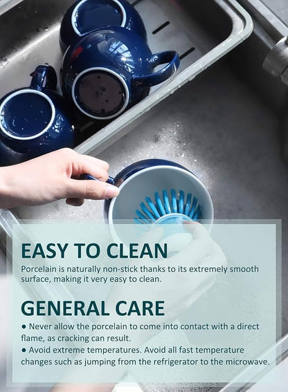 Teocera 16oz Large Coffee Mugs Set of 4 - Thick White Porcelain Cups for Cappuccino, Latte, Tea & Hot Chocolate - Dishwasher Safe Ceramic with Comfort Grip Handles（Navy