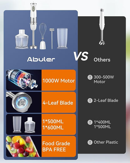 Immersion Blender Handheld 1000W 5 in 1 Corded Stick Hand Blender Kitchen with 12 Speed, BPA-Free, Mixing Beaker, Chopper, Whisk, Milk Frother, Perfect Emulsifier for Soup, Baby Food, Sauce, Puree