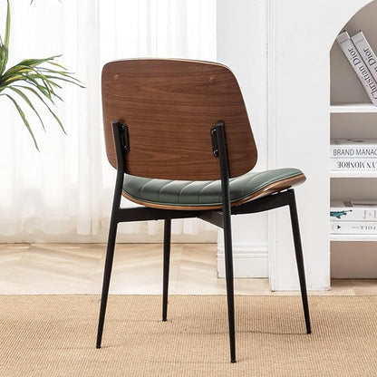 LUNLING Dining Chairs Set of 4 Mid Century Modern Retro Faux Leather Chair with Walnut Bentwood Upholstered Seat Metal Legs Chairs,Adjustable Foot for Kitchen Dining Room Chairs(Green)