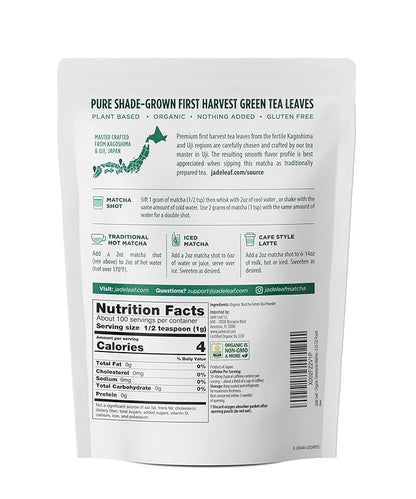 Jade Leaf Matcha Organic Green Tea Powder - Teahouse Edition - Premium First Harvest Ceremonial Grade - Authentic Japanese Origin (3.53 Ounce Pouch)