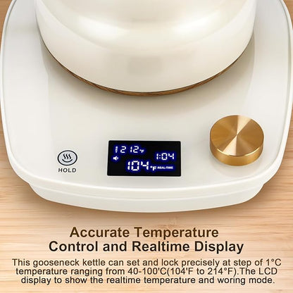 Electric Kettle Gooseneck, Water Electric Kettle with Intelligent Temperature Control Quick Heating 304 Stainless Steel for Coffee Tea Boil Hot Water 1000W 30oz 900ml(Creamy White)