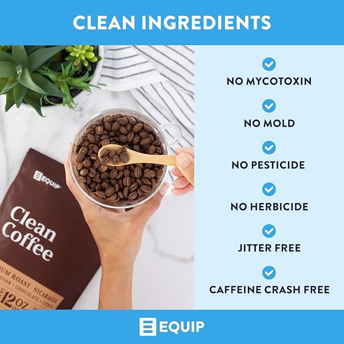 Equip Foods Clean Coffee | Gold Standard, Certified Organic, Fair Trade, Regenerative | Medium Roast, Whole Bean, Nicaragua | Brown Sugar+Chocolate+Citrus