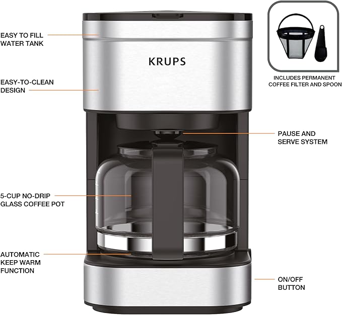 Krups Simply Brew Stainless Steel Drip Coffee Maker 5 Cup, Keep Warm Function, Reusable coffee filter, Ultra Compact 650 Watts Coffee Filter, Drip Free, Dishwasher Safe Pot, Silver and Black
