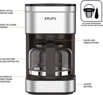 Krups Simply Brew Stainless Steel Drip Coffee Maker 5 Cup, Keep Warm Function, Reusable coffee filter, Ultra Compact 650 Watts Coffee Filter, Drip Free, Dishwasher Safe Pot, Silver and Black