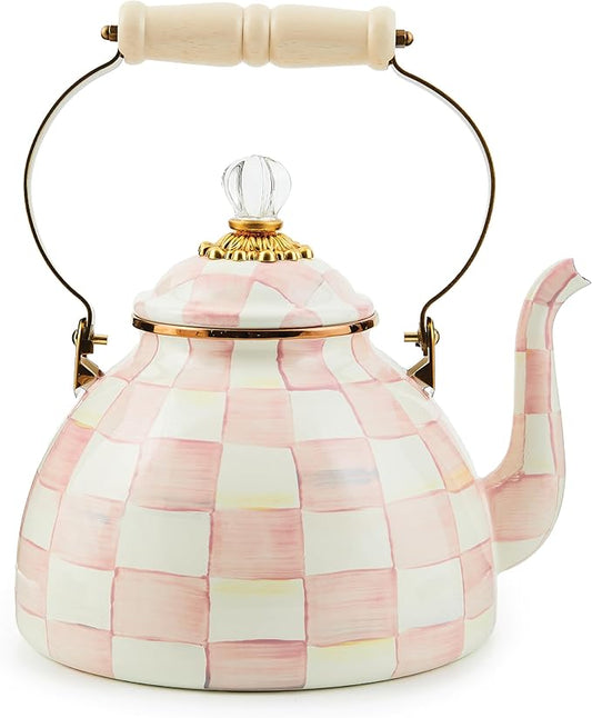 MACKENZIE-CHILDS Enamel Tea Kettle, Stylish Tea Kettle for Stovetop, Pink-and-White Rosy Check, 3 Quarts
