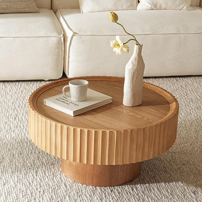 Round Coffee Table, Modern Living Room Tables with Mushroom Shape and Grooved Design, Circle Accent Pinewood Center Table for Living Room, Apartment (Nature Wood, 31.8''L×14.9''H)