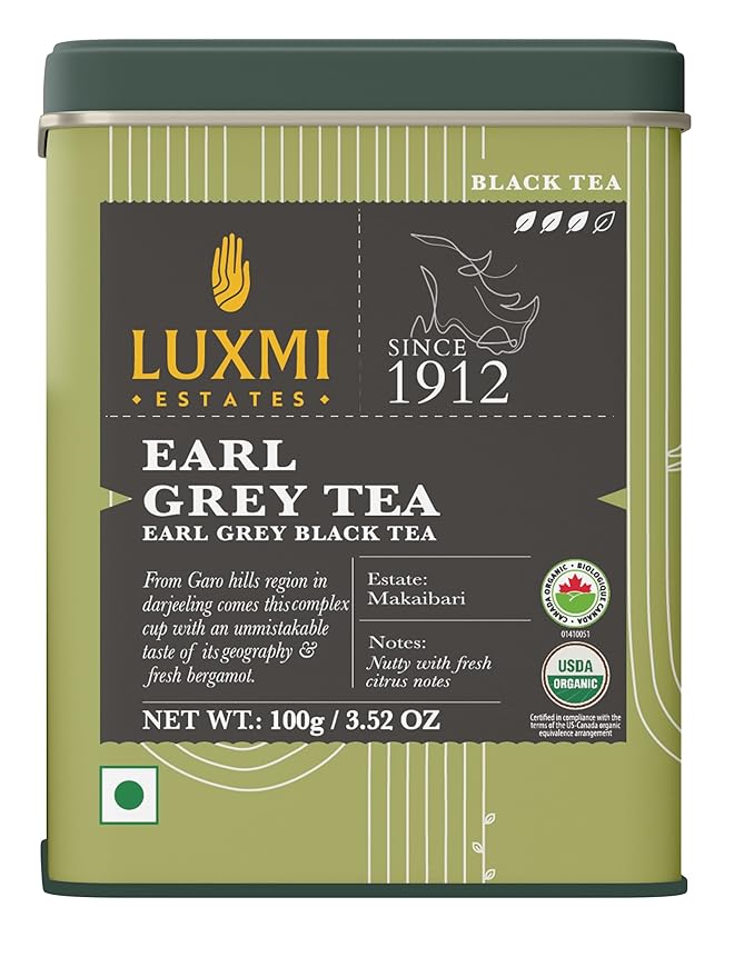 Luxmi Estates Garo Hills Earl Grey Tea 100gm Tin | Certified Organic Black Tea
