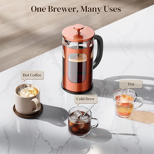 Veken French Press Coffee Maker 34oz 1 L, Heat Resistant Thickened Borosilicate Glass, No Plastic Touching Cafe, Stainless Steel Brewer, Cold Brew Cafetera Teapot for Kitchen Travel Camping, Copper