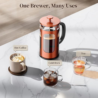 Veken French Press Coffee Maker 34oz 1 L, Heat Resistant Thickened Borosilicate Glass, No Plastic Touching Cafe, Stainless Steel Brewer, Cold Brew Cafetera Teapot for Kitchen Travel Camping, Copper