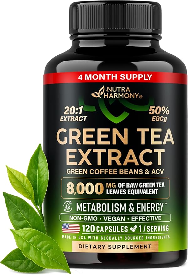 Green Tea Extract - 50% EGCG, Extra Strength 20:1 Extract - Natural Green Tea Supplement + Green Coffee Beans & Apple Cider Vinegar - Energy & Metabolism Support - for Men & Women - Vegan 120 Capsules