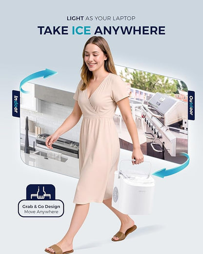 EUHOMY Countertop Ice Maker Machine with Handle, 26lbs Per Day, 9 Ice Cubes Ready in 6 Mins, Auto-Cleaning Portable Ice Maker with Basket and Scoop, for Home/Kitchen/Camping/RV (White)