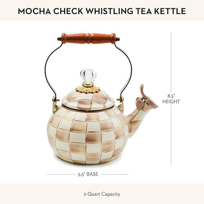 MACKENZIE-CHILDS Enamel Whistling Tea Kettle, Decorative Teapot for Stovetop, Brown-and-White Mocha Check