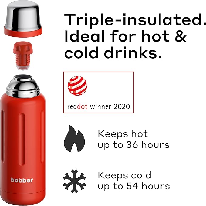 BOBBER 26 oz Stainless Steel Heavy Duty Thermos for Hot and Cold Drinks – Dishwasher Safe Insulated Water Bottle with Cup Lid – Keeps Hot for 36 Hours – Leak-Proof Rugged Thermos with Screw Lid (Red)