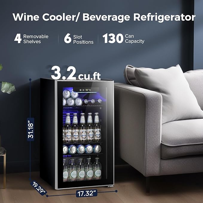 Kismile 3.2 Cu.ft Beverage Refrigerator and Cooler, 130 Can Mini Fridge Glass Door,Digital Temperature Display for Soda, Beer or Wine, Small Drink Dispenser Cooler for Home, Office or Bar(Black)
