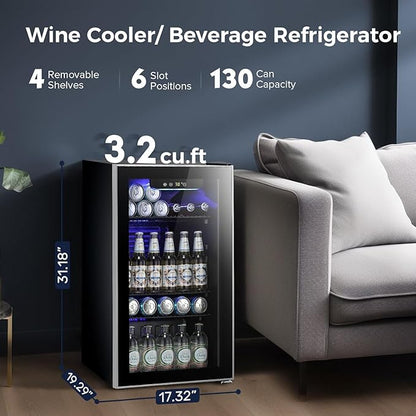 Kismile 3.2 Cu.ft Beverage Refrigerator and Cooler, 130 Can Mini Fridge Glass Door,Digital Temperature Display for Soda, Beer or Wine, Small Drink Dispenser Cooler for Home, Office or Bar(Black)