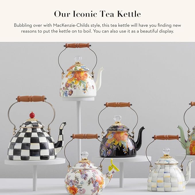MACKENZIE-CHILDS Enamel Tea Kettle, Cute Kitchen Kettle for Stovetop, 2-Quart Capacity, Black Flower Market