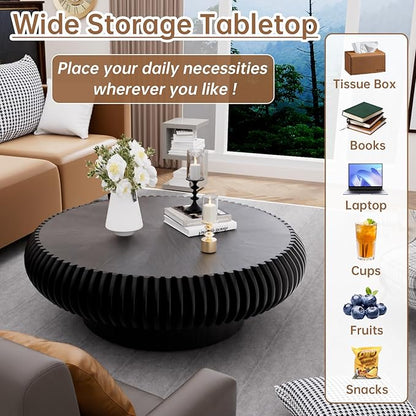 Round Coffee Table 39.3" Modern Black Fluted Coffee Table Low Round Drum Pedestal Coffee Tables for Living Room Farmhouse (Black 39.3 inch)