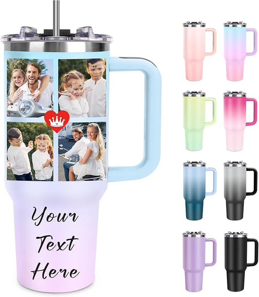 Personalized 40 oz Tumbler with Handle and Straw, Custom Tumbler with Picture, Text, Stainless Steel Travel Coffee Mug Cup, Personalized Gifts For Women Men Birthday Anniversary Wedding Gifts