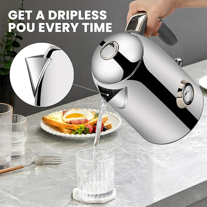 SUSTEAS Electric Kettle - 57oz Hot Tea Water Boiler with Thermometer, 1500W Fast Heating Stainless Steel Pot, Cordless LED Indicator, Auto Shut-Off & Boil Dry Protection, Silver