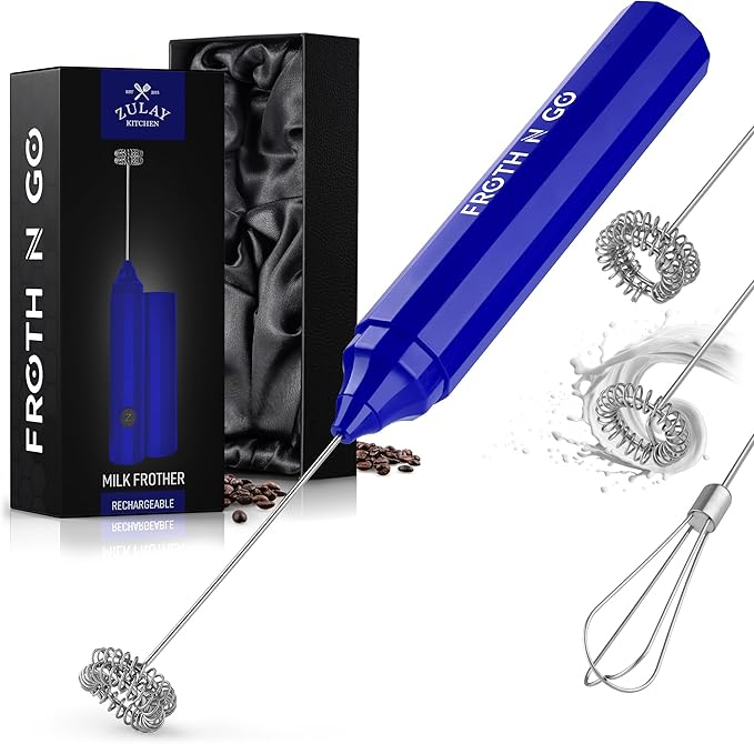 Zulay Kitchen FrothMate Powerful Milk Frother Portable & Compact Handheld Foam Maker Lattes, Cappuccinos (Royal Blue, Froth N Go)