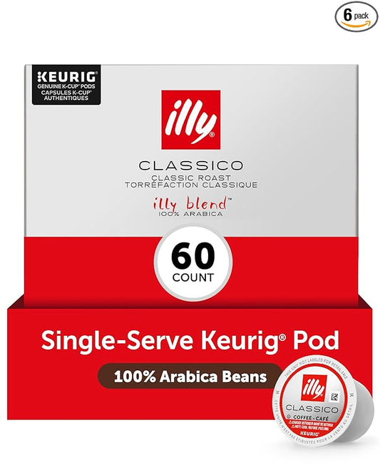 Illy Coffee K-Cups - Compatible Pods for Keurig Coffee Maker - Classico Medium Roast Coffee - Notes of Caramel, Orange Blossom & Jasmine - 10 Count (Pack of 6)