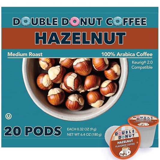 Double Donut Coffee Hazelnut Flavored Coffee pods, Medium Roast Coffee,Compatible with Keurig K Cups Brewers, 20 Count