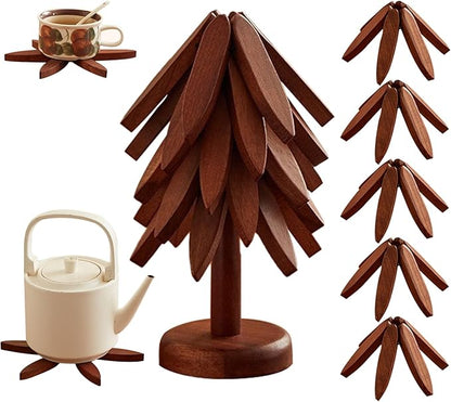 Wooden Trivets for Hot Dishes, Wooden Tree Coasters Tree Shape Trivet Set for Hot Pots and Pans, Foldable Kitchen Walnut Table Mat for Easy Storage, Coaster with 5 Wooden Trivets,1 Stand
