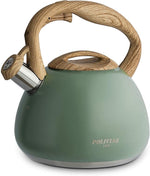 Load image into Gallery viewer, Poliviar Tea Kettle, 2.7 Quart Seaweed Green Finish with Wood Pattern Handle Loud Whistle Food Grade Stainless Steel Teapot, Anti-Hot Handle and Anti-Rust, Suitable for All Heat Sources (JX2020-SB30)