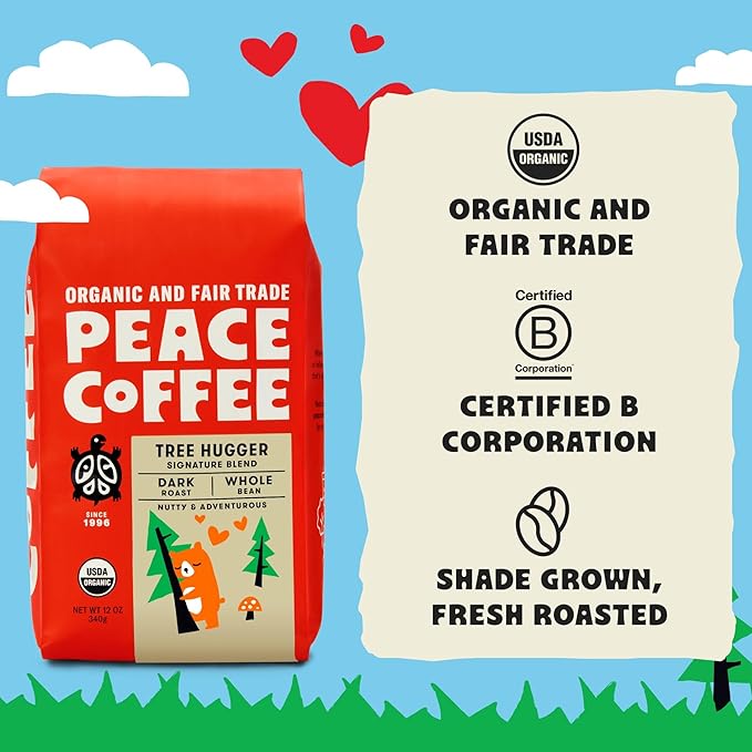 Peace Coffee Tree Hugger Signature Blend | 20 oz Whole Bean Dark Roast | Organic Fair Trade | Soft, Smooth Flavor | Shade Grown, Fresh Roasted