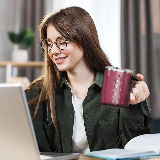 Ideus 16 oz Coffee Cup, Stainless Steel Coffee Travel Mug, Spill Proof Tea Mug with Handle and Lid, Lightweight and Durable, Great for Office Home and Outdoor Use, Red