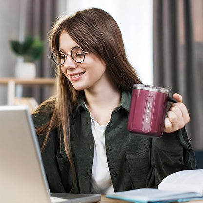 Ideus 16 oz Coffee Cup, Stainless Steel Coffee Travel Mug, Spill Proof Tea Mug with Handle and Lid, Lightweight and Durable, Great for Office Home and Outdoor Use, Red