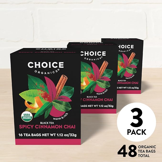 Choice Organics - Organic Spicy Cinnamon Chai Tea (3 Pack) - Rainforest Alliance - Contains Caffeine - 48 Organic Black Tea Bags